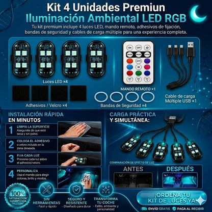 Kit 4 Luces LED RGB Premium Inalámbricas Recargables