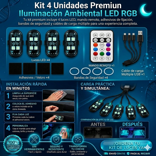 Kit 4 Luces LED RGB Premium Inalámbricas Recargables