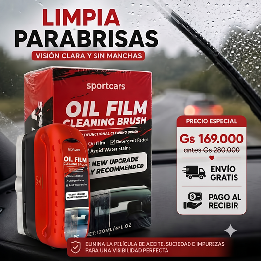 ¡Adiós al vidrio grasoso! Maneja con claridad total con OIL FIL CLEANING BRUSH®